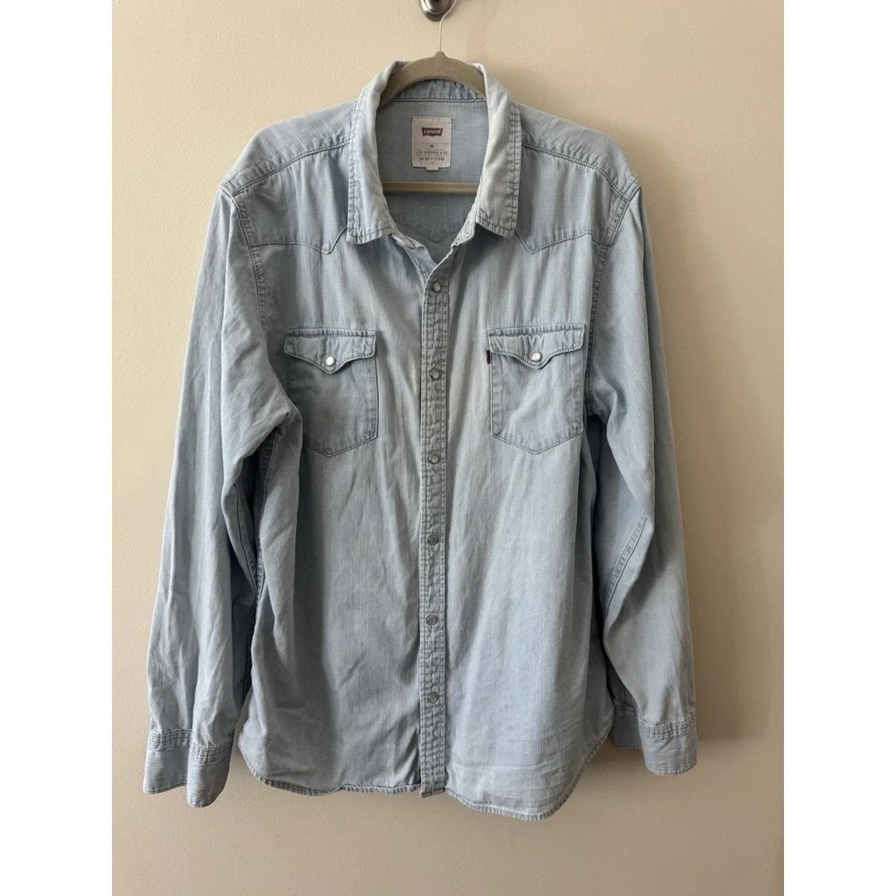 Levi's Denim Long Sleeve Western Shirt Men's XXL Pearl Snap Light Blue 3LYLW2262